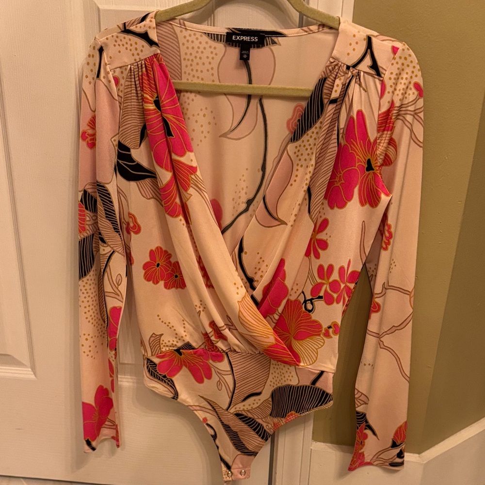 Express Floral Wrap Bodysuit - Pink and Cream